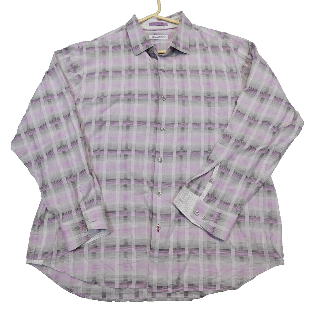 Tommy Bahama Shirt Men's XL Button Plaid Soft Woven Cotton Blend Pastel Pink